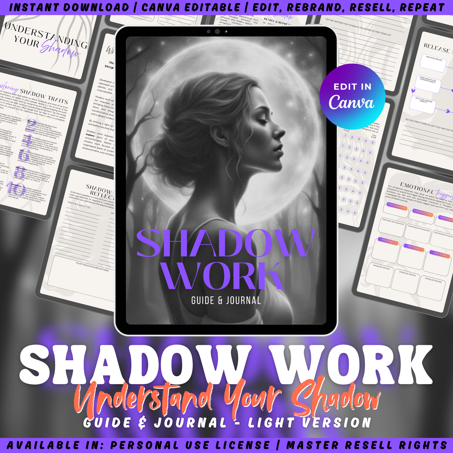 Cover of "Shadow Work - guide and journal" on top of smaller previews from inside the book. Available in personal use license, private label rights and master resell rights. 