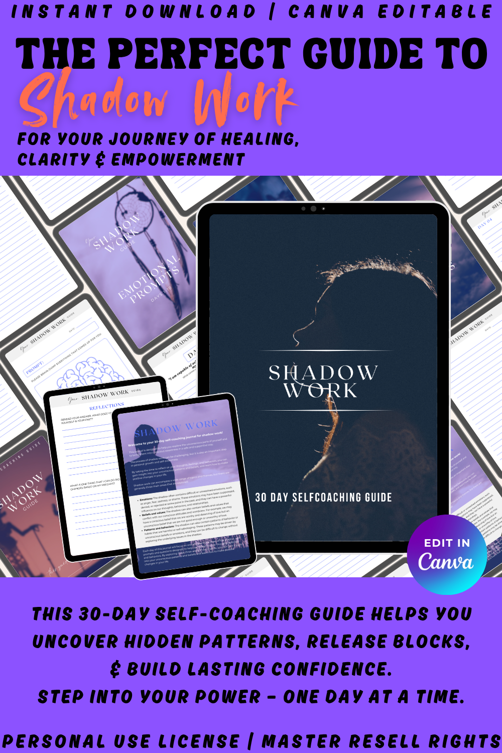 Overview of the ultimate Shadow work companion for your journey of healing, clarity and empowerment. This 30-day self-coaching guide hels unlock hidden patterns so you can step into your power. Available in personal use license and master resell rights. 