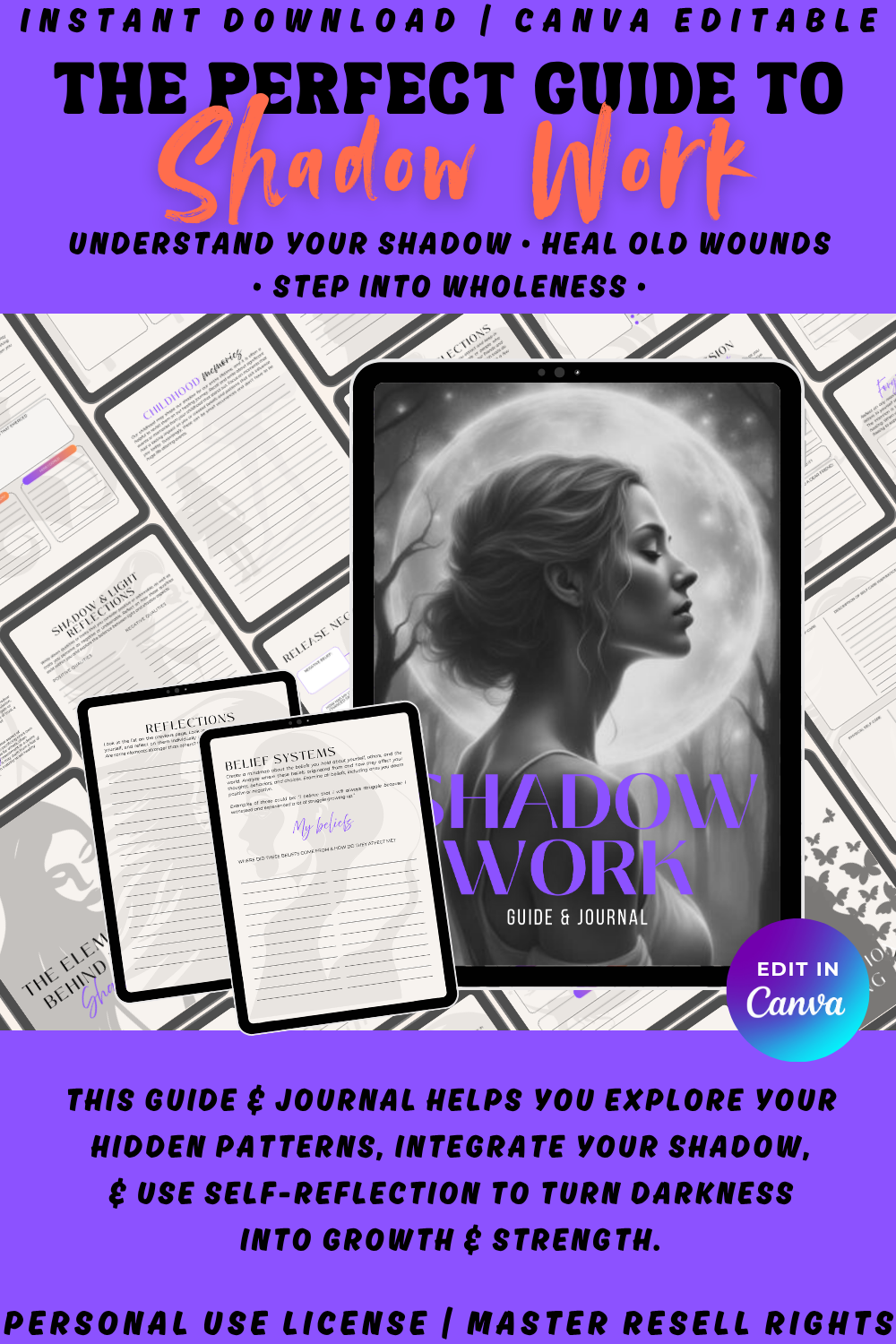 Promotional graphic for 'The Perfect Guide to Shadow Work'. Understand your shadow and heal old wounds. Step into wholeness. The guide will help you explore your hidden patterns and turn darkness into growth and strength. 