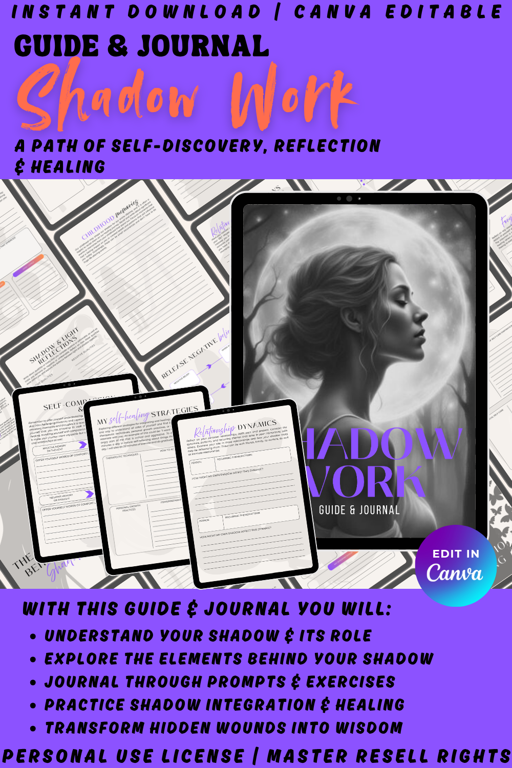 Cover of "Shadow work - guide and journal" on top of smaller previews of the book's pages. This guide will help you understand your shadow, and transform hidden wounds into wisdom. Available in personal use license, private label rights and master resell rights. 