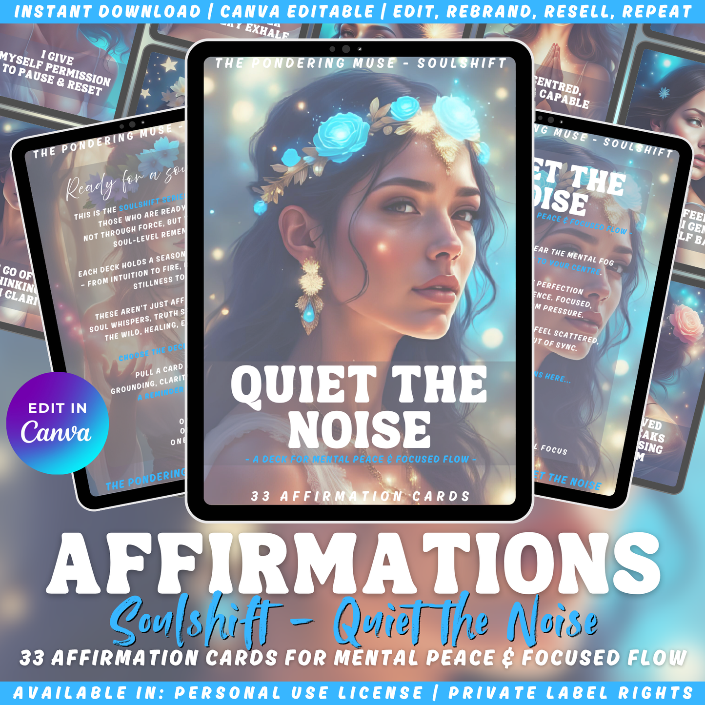 Promotional graphic  for the affirmation card deck "Quiet the Noise" from the "Soulshift" collection. Available in personal use license and private label rights.
