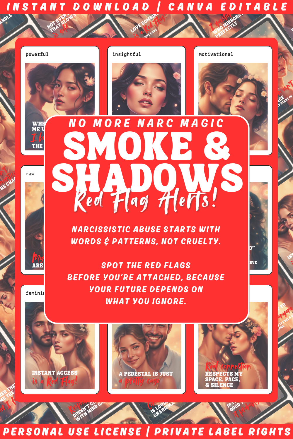 Promotional graphic for 'Smoke & Shadows' with text about narcissistic abuse and red flags. Available in personal use license and private label rights. 