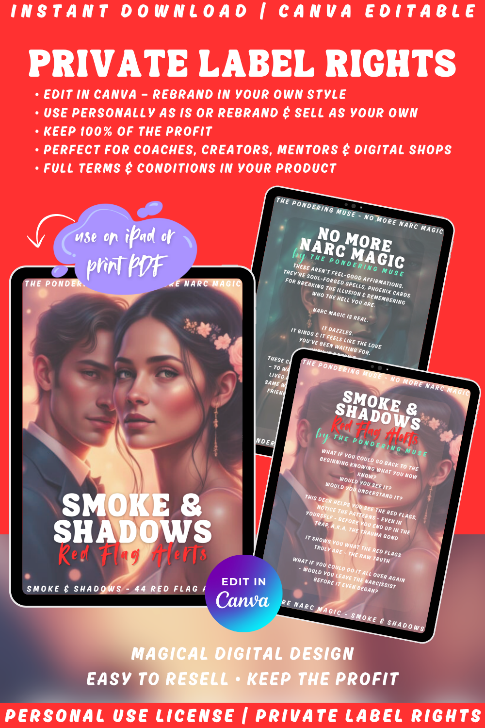 Promotional graphic for 'No more narc magic - Smoke & Shadows - Red flag alerts ' affirmation card series. available in personal use license and private label rights. Explaining what private label rights is.