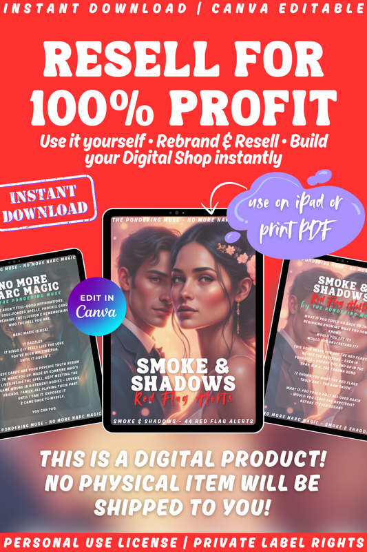 Promotional graphic for 'No more narc magic - Smoke & Shadows - Red flag alerts ' affirmation card series. available in personal use license and private label rights. Rebrand and resell for 100% profit