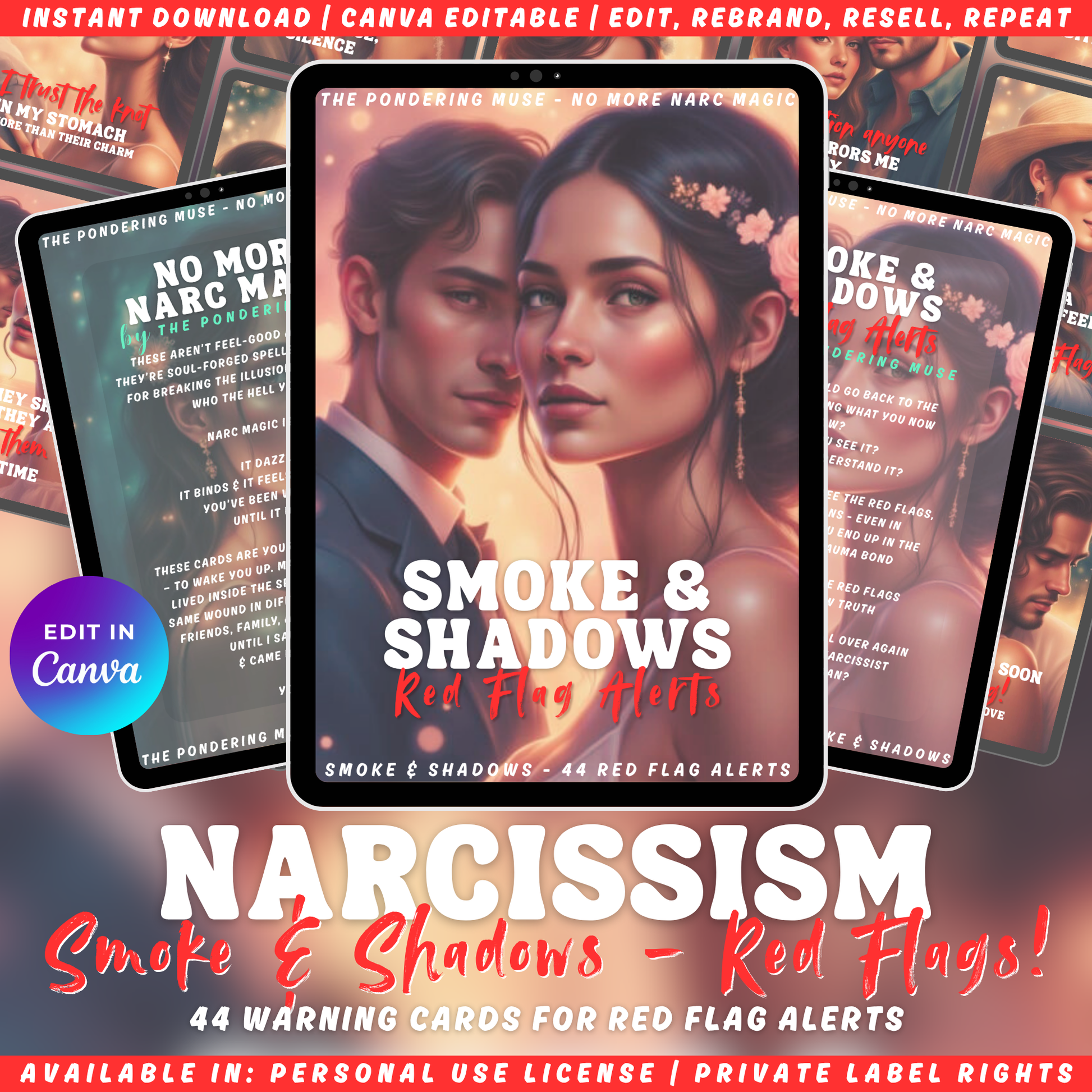 Promotional graphic for 'No more narc magic - Smoke & Shadows - Red flag alerts ' affirmation card series. available in personal use license and private label rights.
