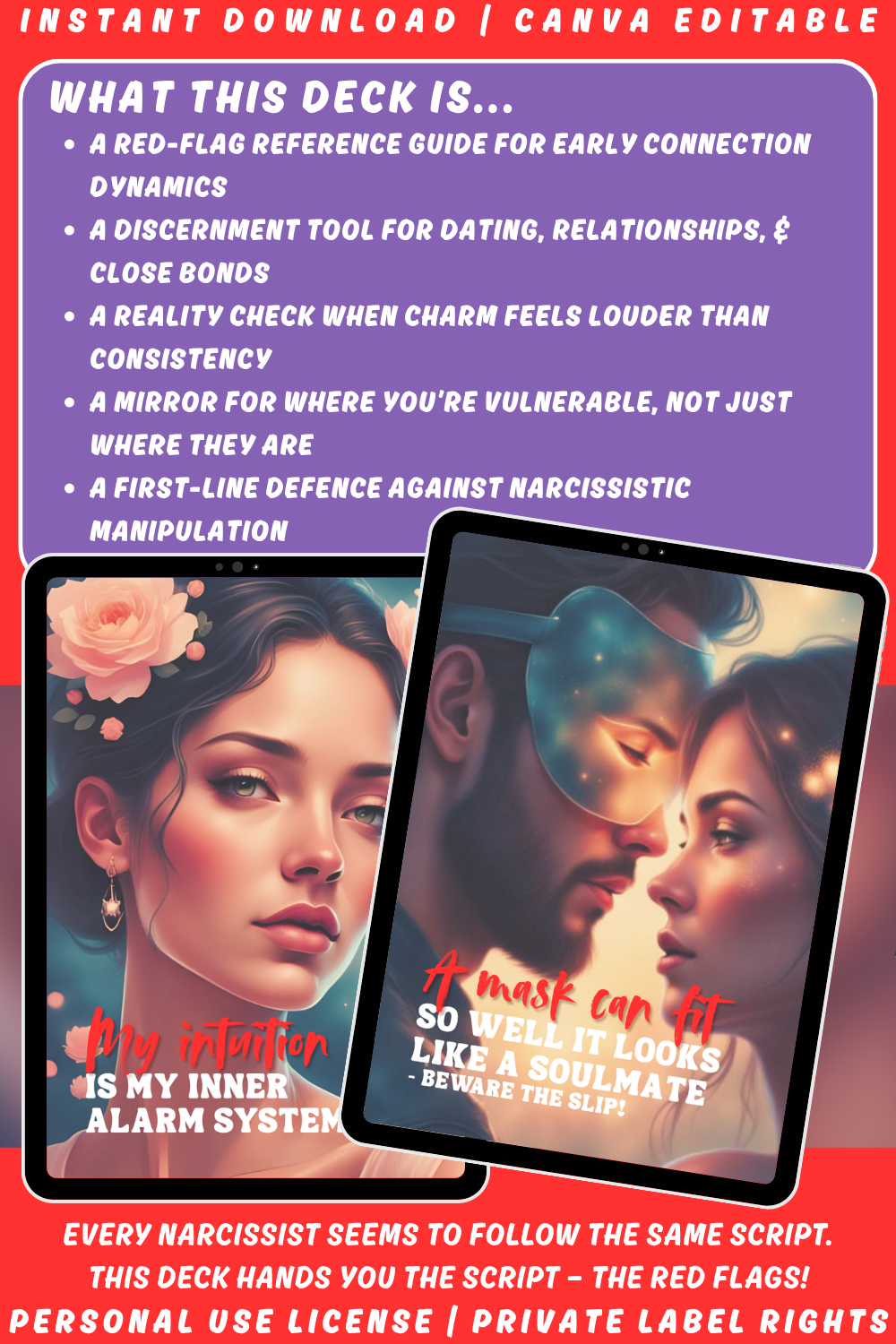 Image explaining what the deck "Smoke & Shadows - red flag alerts" is. Noticing narcissistic patterns early. Available in personal use license and private label rights. 