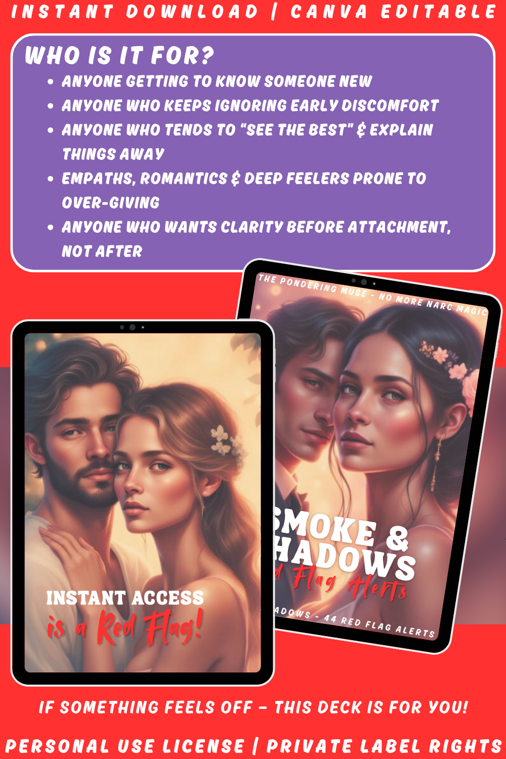 Image explaining who the deck "Smoke & Shadows - red flag alerts" is for. Noticing narcissistic patterns early. Available in personal use license and private label rights. 