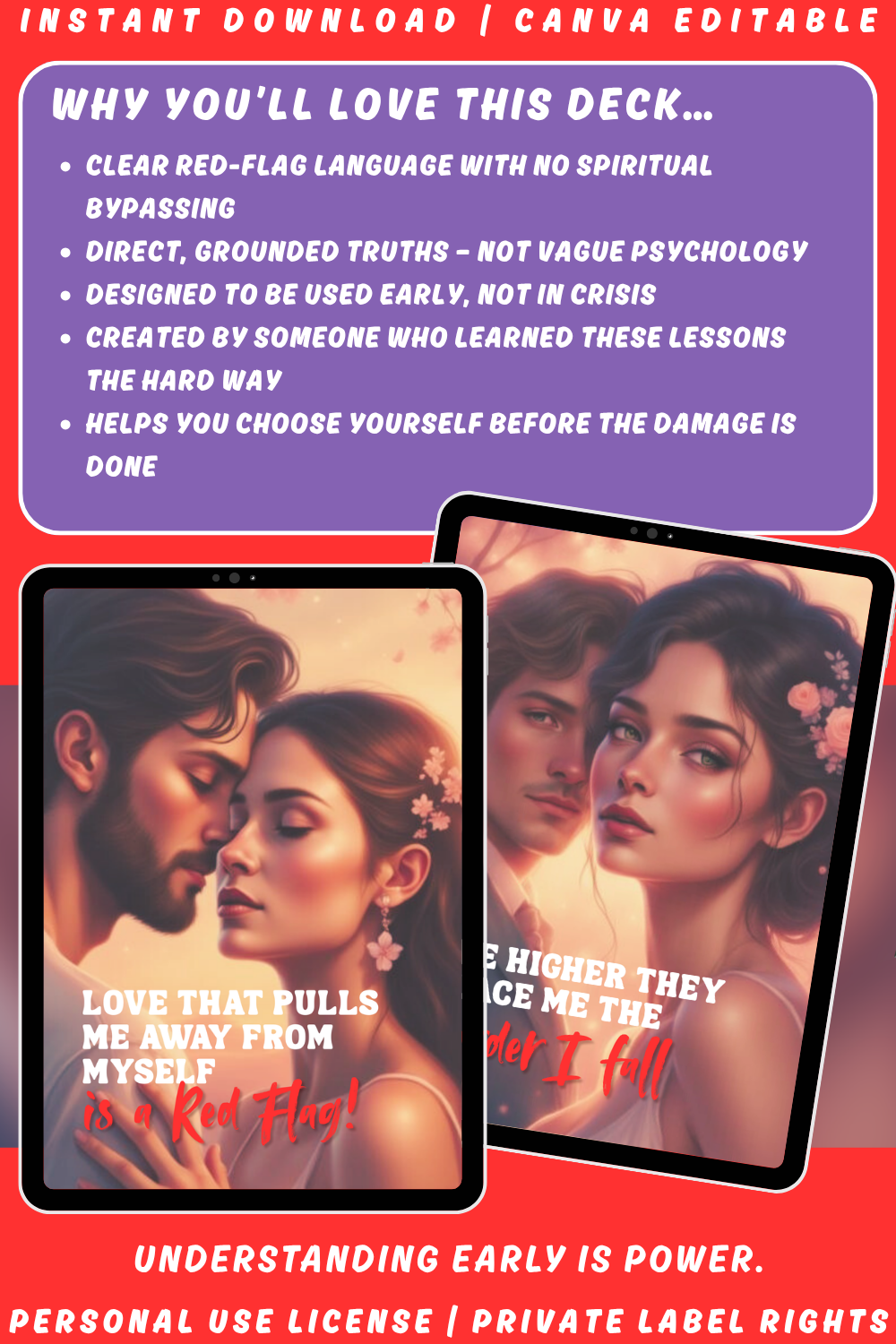 Image explaining why you'll love the deck "Smoke & Shadows - red flag alerts". Noticing narcissistic patterns early. Available in personal use license and private label rights. 