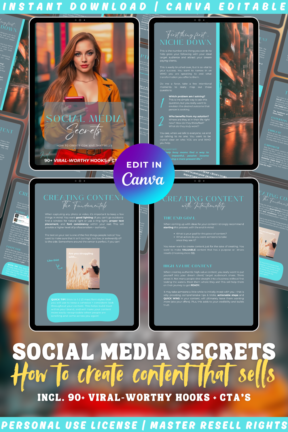 Overview of the guide "Social media secrets - how to create content that sells (including 90+ viral-worthy hooks - cta's)". Available in personal use license and master resell rights. Instant download. Perfect for your online income side hustle. 