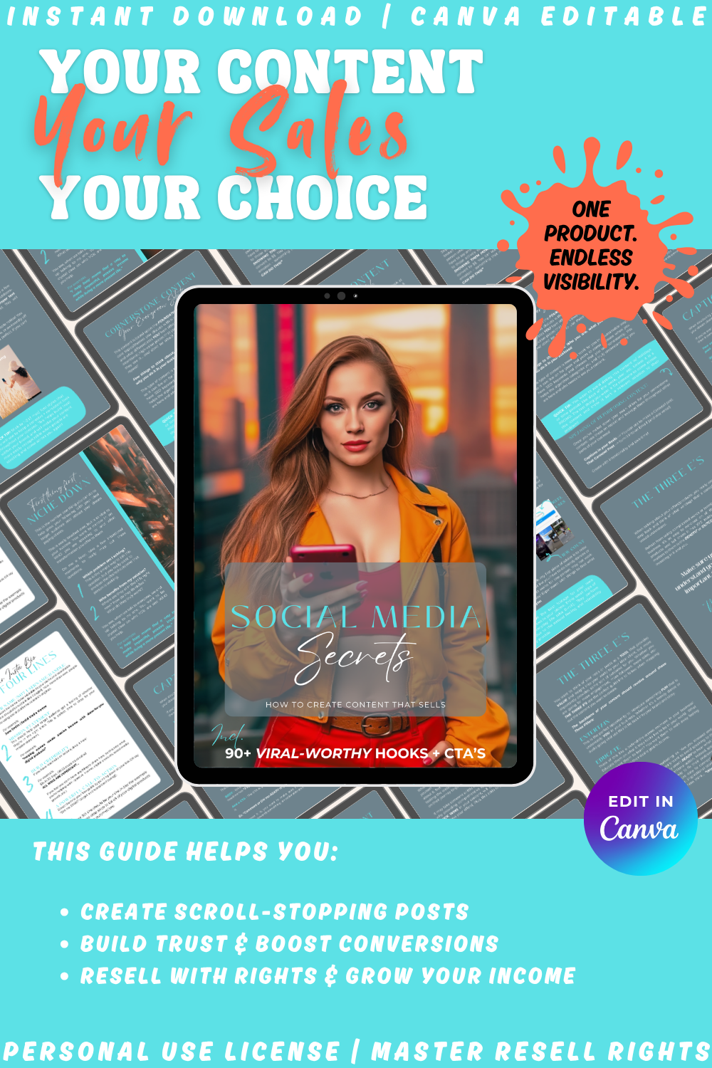 Promotional graphic for a social media secrets guide. The cover sits on top of smaller previews of the book's pages. This guide helps you create scroll-stopping posts. Available in personal use license or master resell rights. 