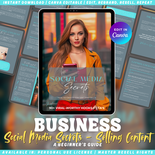 Promotional graphic for 'Social Media Secrets' - a business tool or beginner's guide to help you create content that sells. Available in personal use license, private label rights or master resell rights. 