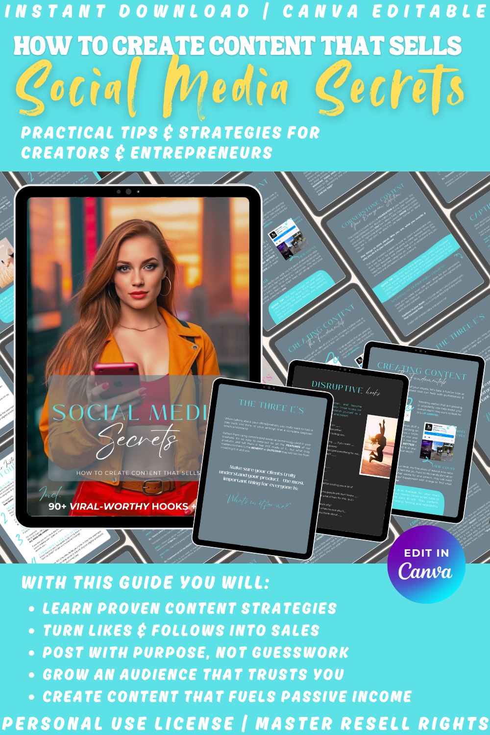 Promotional graphic for "Social media secrets - how to create content that sells". This guide helps you learn proven content strategies, convert your content into sales and create content that fuels your passive income. Available in personal use license or master resell rights. 
