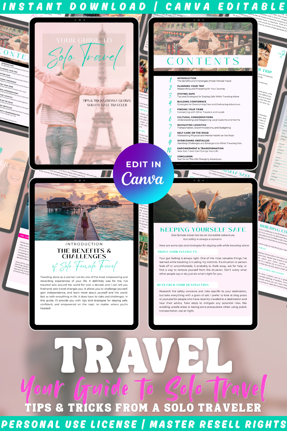 Your guide to solo female travel - tips and tricks from a global solo female traveller. Guide to travel the world safely. Available in personal use license and master resell rights. 