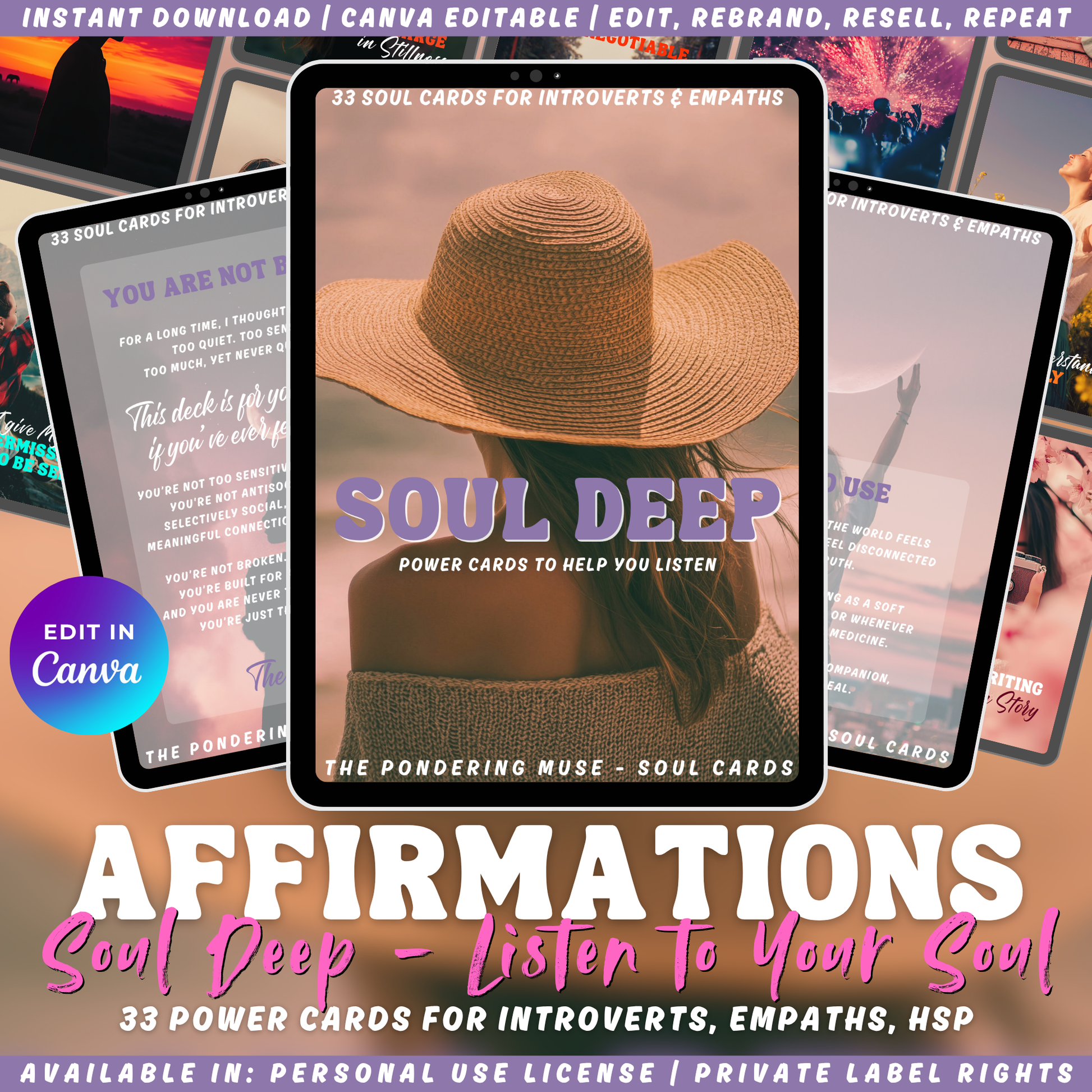 Promotional graphic for the affirmation card deck 'Soul Deep' power cards with a person wearing a straw hat and text overlay. Available in personal use license and private label rights. 