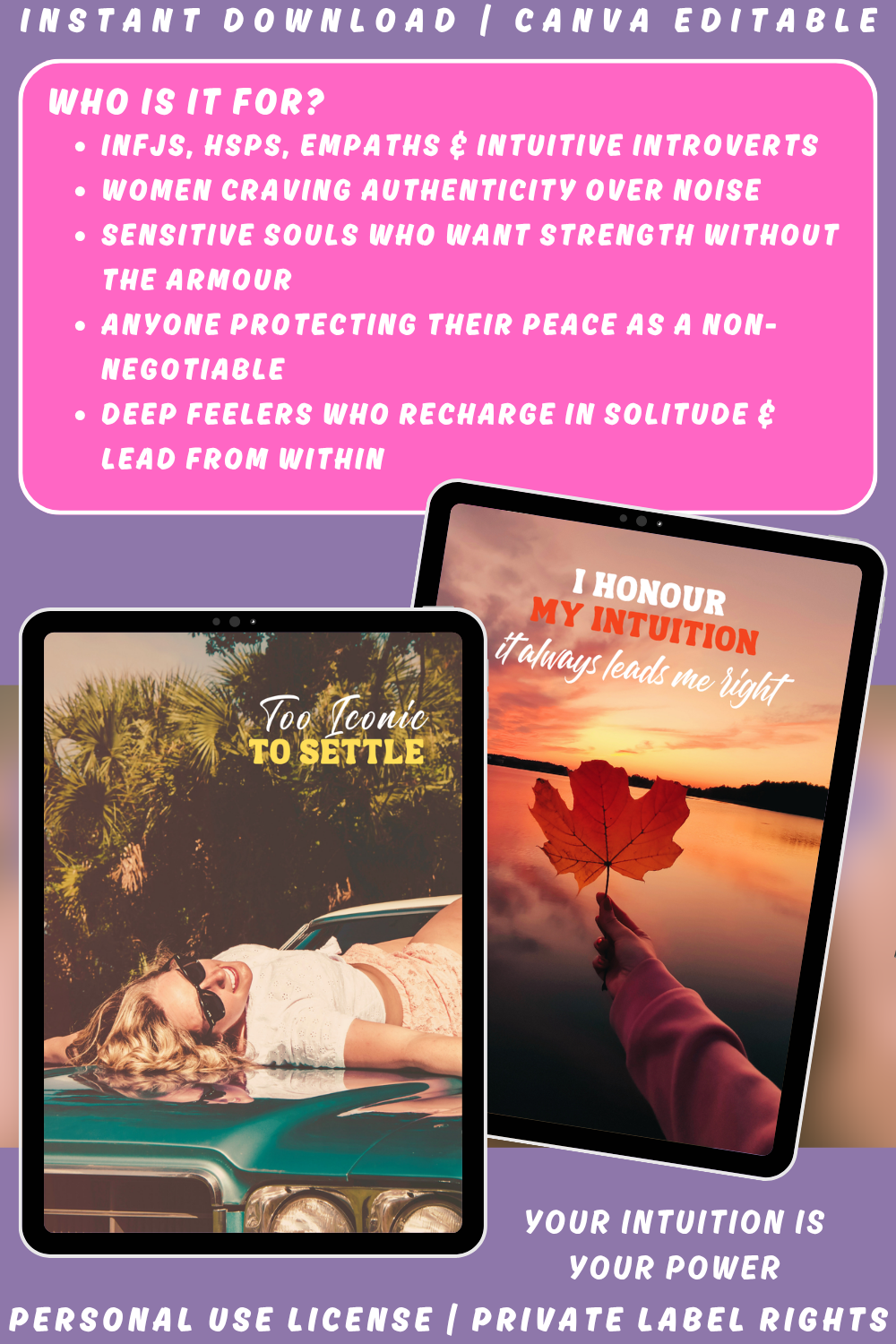 Previews of two cards in the affirmation card deck "Soul Deep" - soul cards for the introvert and empath. Available in personal use license and private label rights.