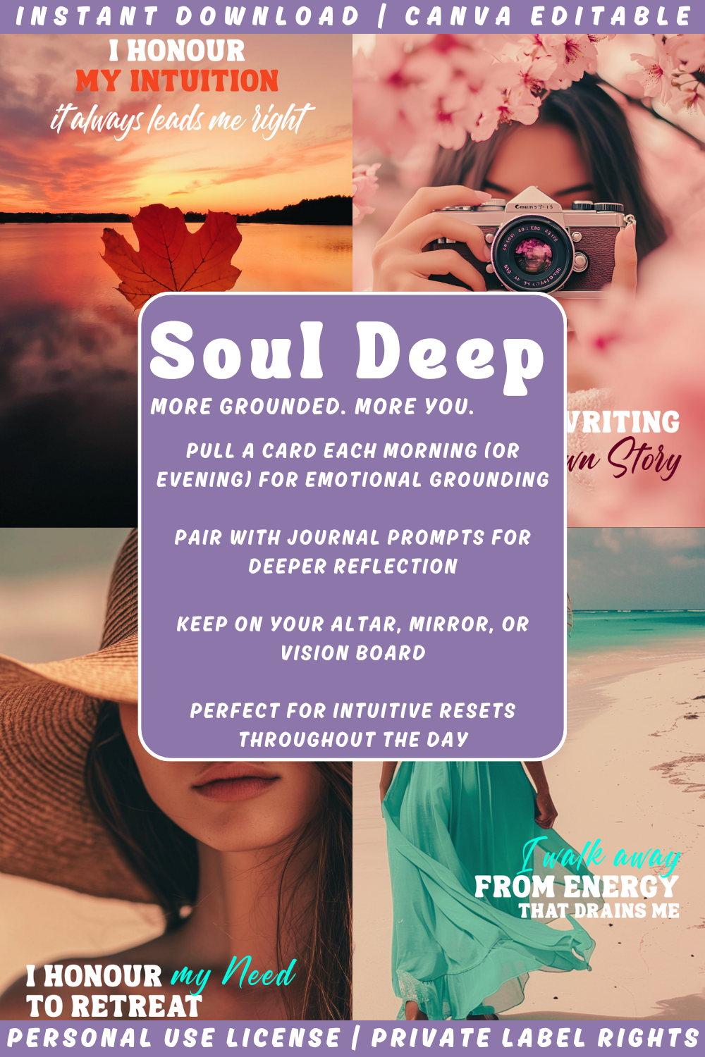 Promotional graphic for 'Soul Deep' product with scenic and personal moments. How to use this deck. Perfect for intuitive resets. Available in personal use license and private label rights.