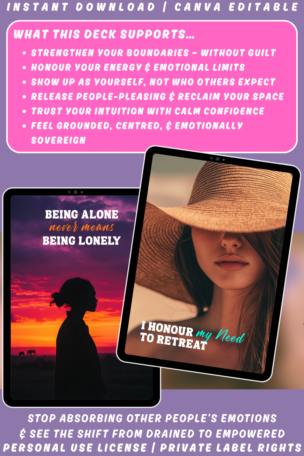 Promotional graphic explaining what the deck "Soul Deep" supports. Make you trust your intuition with calm confidence. Available in personal use license and private label rights.