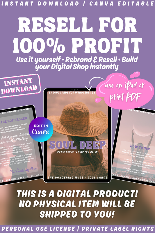 Promotional graphic for a digital product titled 'Soul Deep' with text about reselling and instant download. Available in personal use license and private label rights with resell rights. 