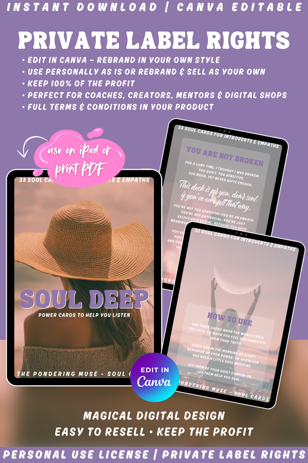 Promotional graphic for 'Soul Deep' power cards with text about private label rights and Canva editing. Available in personal use license and private label rights with resell rights. Perfect for coaches, creators, mentors and digital shops. 