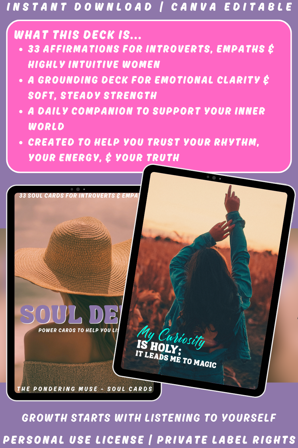 Promotional graphic for 'Soul Deck' explaining what this deck is. A grounding deck for emotional clarity. Available in personal use license and private label rights.