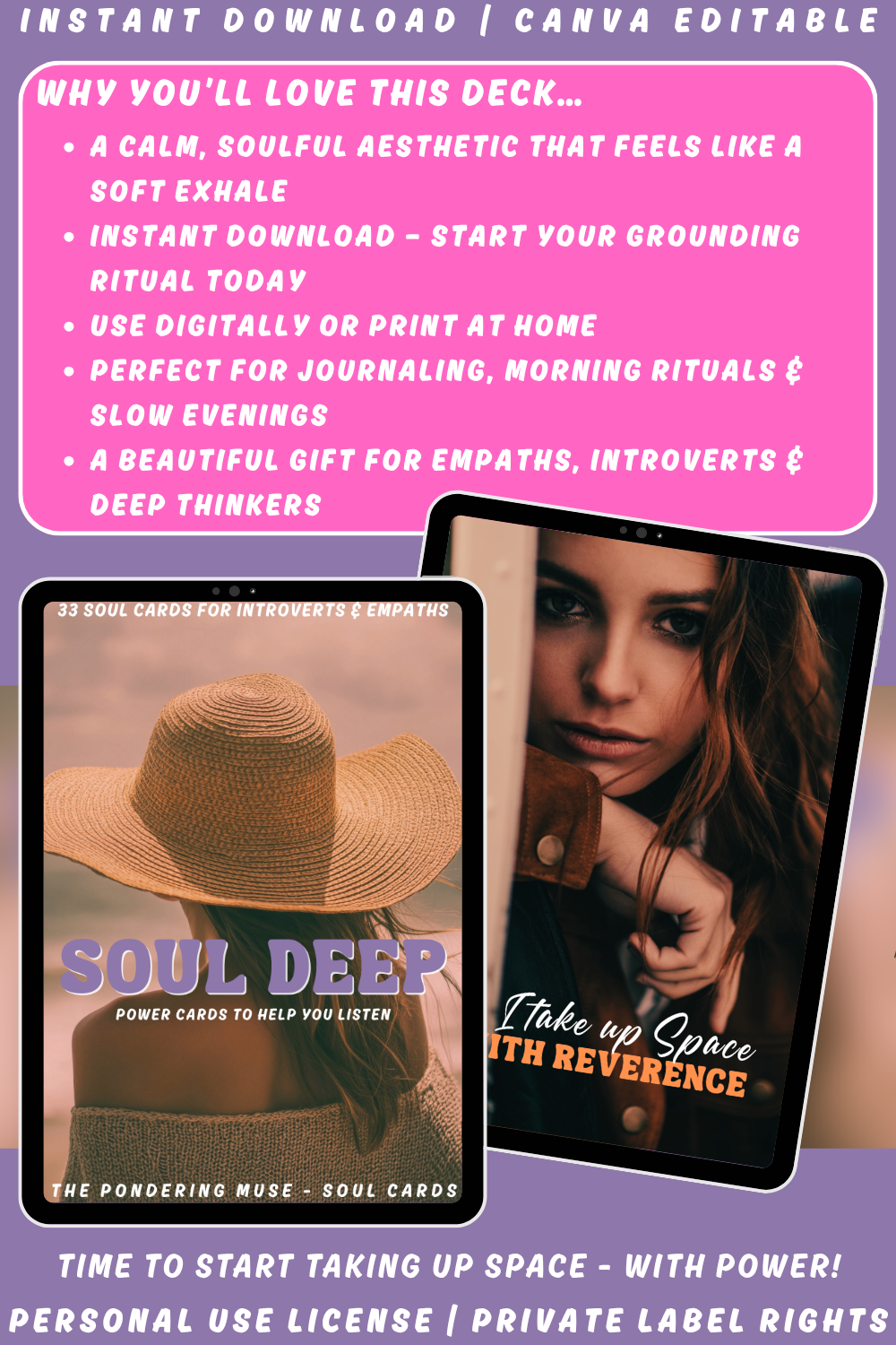 Promotional graphic explaining why you'll love the "Soul Deep" affirmation cards for empaths and introverts. Available in personal use license and private label rights.