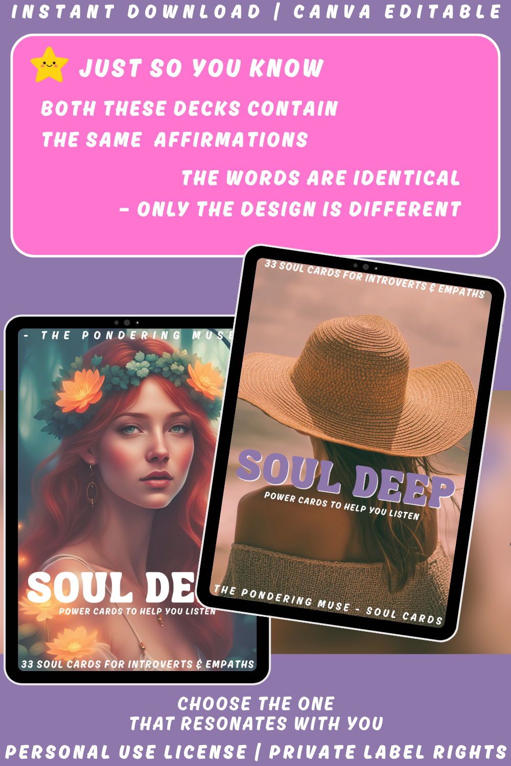 Image comparing two affirmation decks with the same name. The same content, but different images. Available in personal use license and private label rights. 