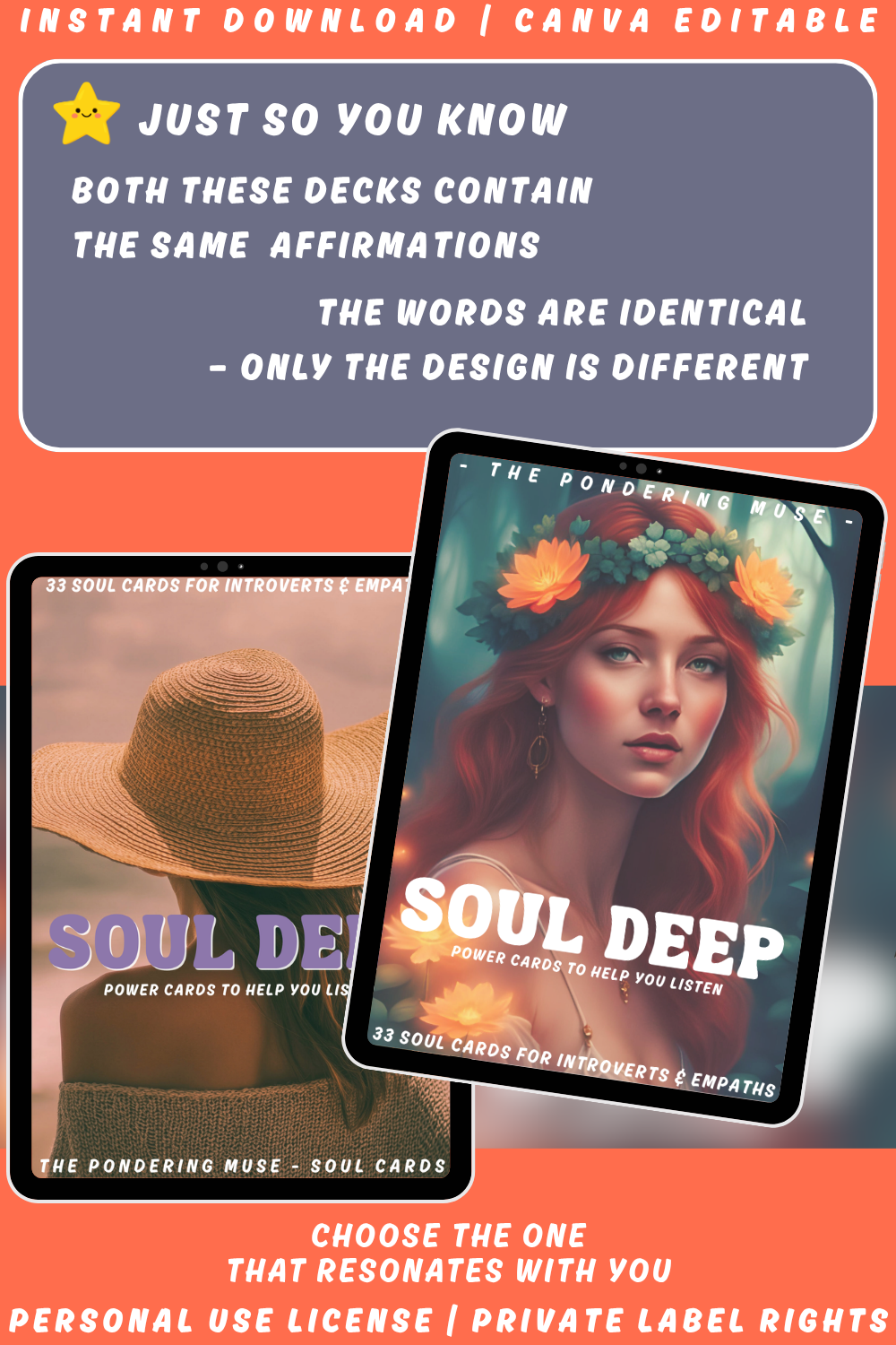 Image comparing two affirmation decks with the same name. The same content, but different images. Available in personal use license and private label rights. 
