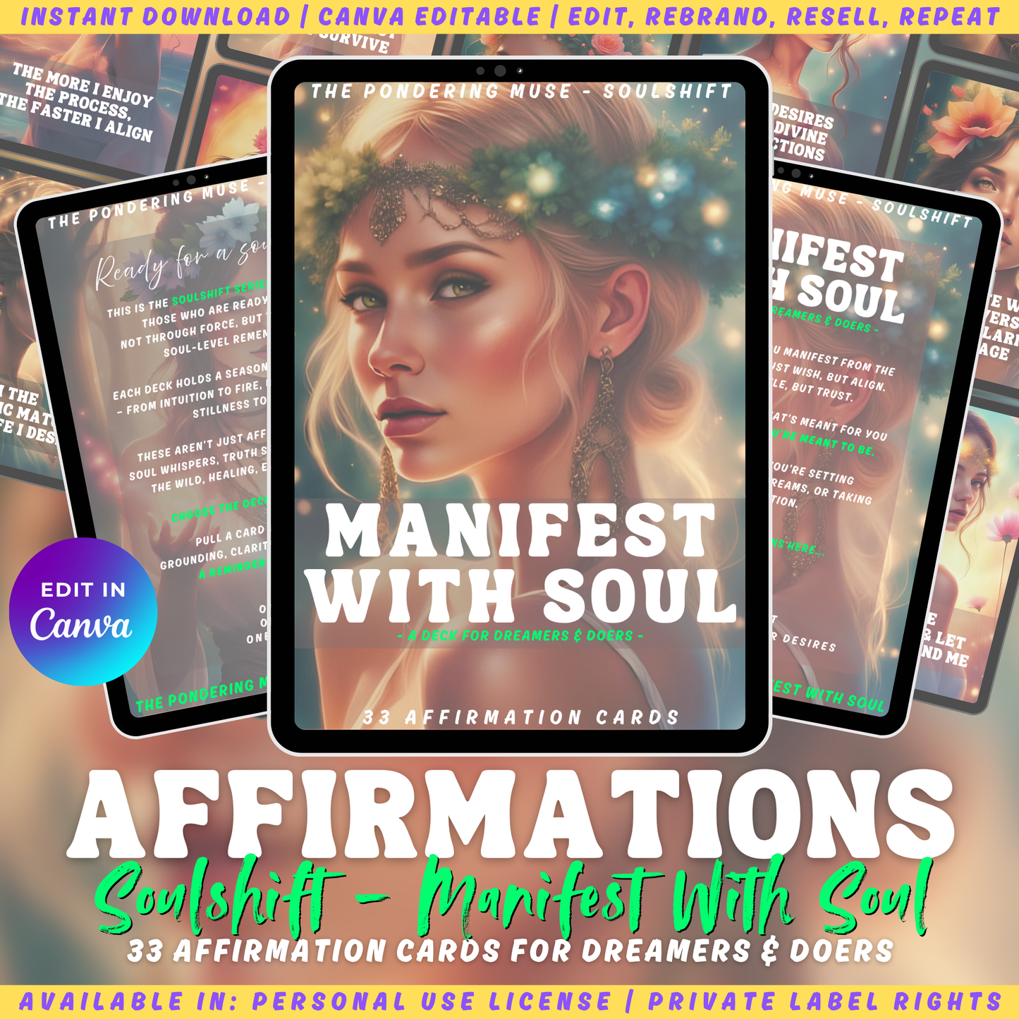 Promotional graphic for 'Manifest with Soul' affirmation cards from the SOulshift collection. Available in personal use license and private label rights.