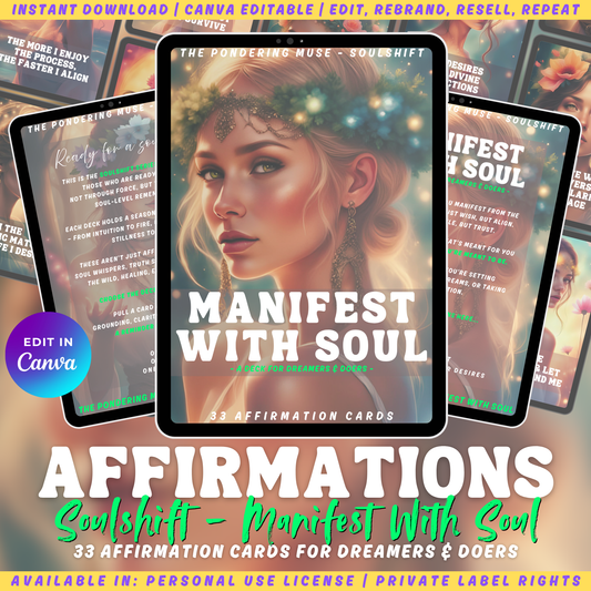 Promotional graphic for 'Manifest with Soul' affirmation cards from the SOulshift collection. Available in personal use license and private label rights.