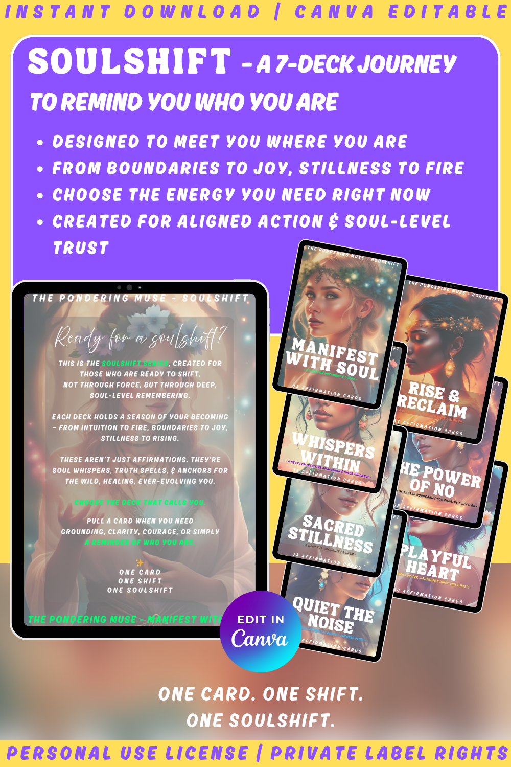 Promotional graphic for 'Manifest with Soul' affirmation cards from the SOulshift collection. Available in personal use license and private label rights. image showing all the 7 decks in the collection Soulshift. 