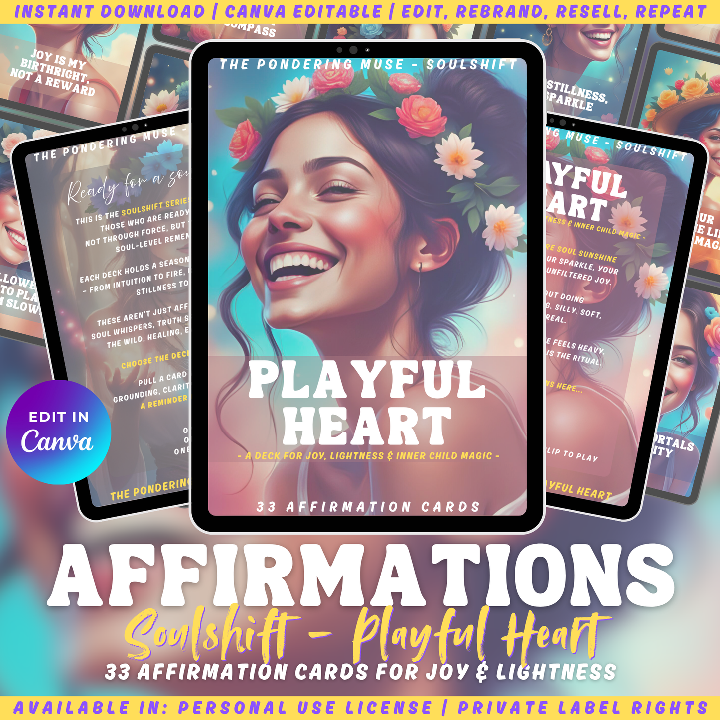 Promotional graphic for the affirmation card deck "Playful Heart" of the collection "Soulshift". available in personal use license and private label rights. 