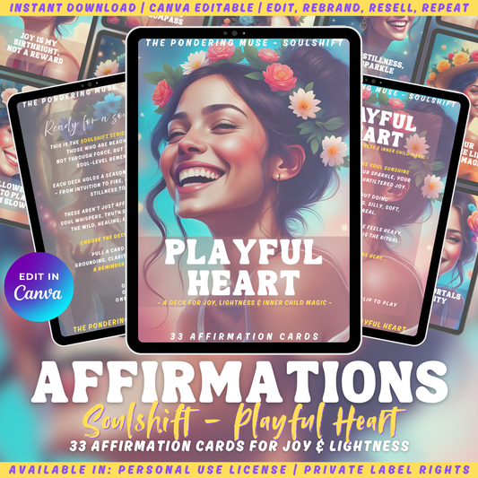 Promotional graphic for the affirmation card deck "Playful Heart" of the collection "Soulshift". available in personal use license and private label rights. 