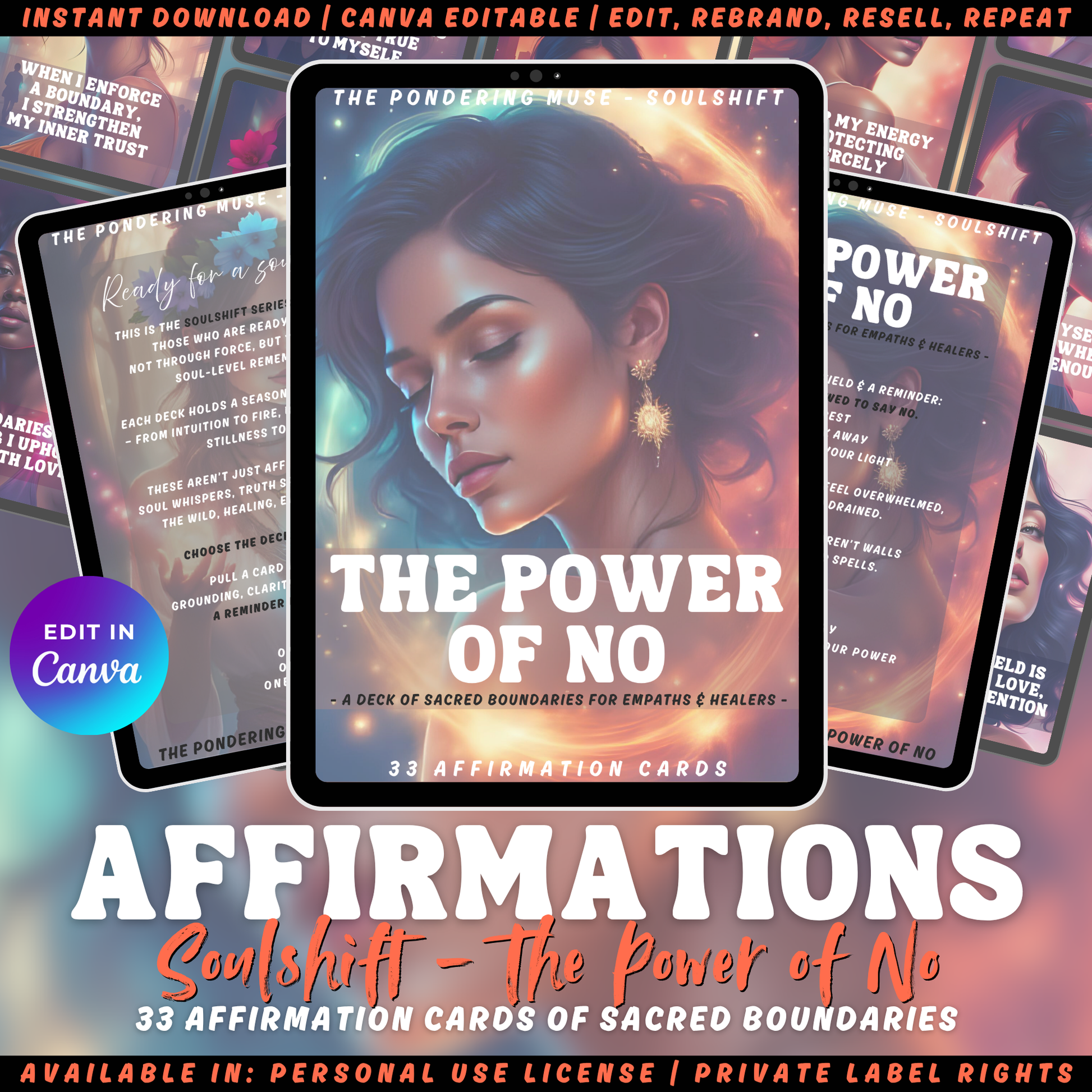 Promotional graphic for the affirmation card deck "The power of no" from the collection "Soulshift". available in personal use license and private label rights.