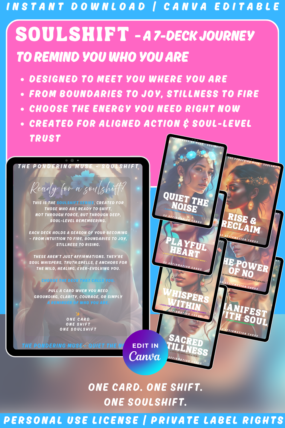 Promotional graphic  for the affirmation card deck "Quiet the Noise" from the "Soulshift" collection. Available in personal use license and private label rights. Image showcasing the entire collection with 7 decks. 