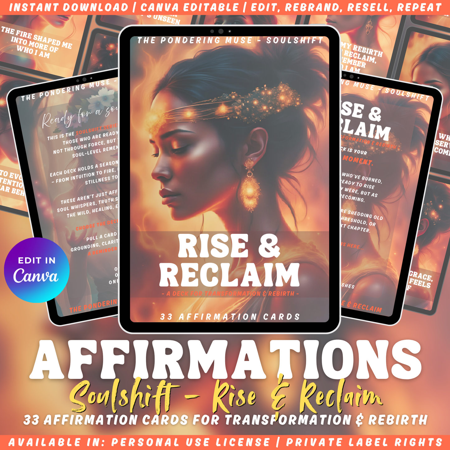 Promotional graphic for the "Rise & Reclaim" affirmation cards, a deck part of the "Soulshift" collection. Available in personal use license and private label rights.