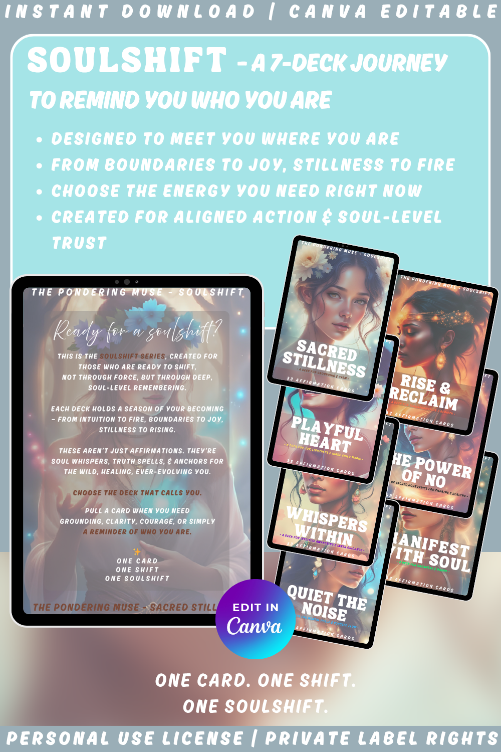 Promotional graphic for 'Sacred Stillness' affirmation cards from the collection "Soulshift". Available in personal use license and private label rights. image showing the entire collection with all 7 decks. 