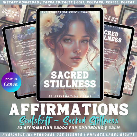 Promotional graphic for 'Sacred Stillness' affirmation cards from the collection "Soulshift". Available in personal use license and private label rights.