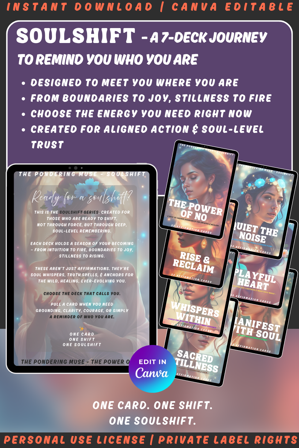 Promotional graphic for the affirmation card deck "The power of no" from the collection "Soulshift". available in personal use license and private label rights. image showcasing the entire collection of 7 decks. 