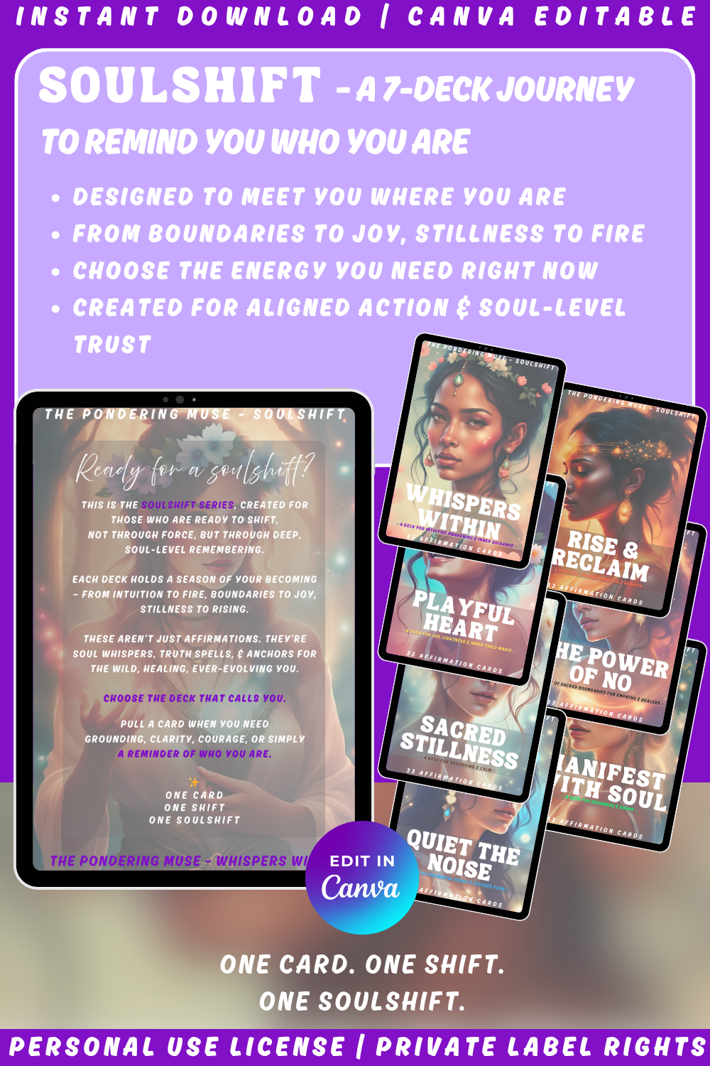 Promotional graphic of the affirmation card deck "Whispers within" of the collection "Soulshift". Available in personal use license and private label rights. image showcasing all 7 decks in the collection. 