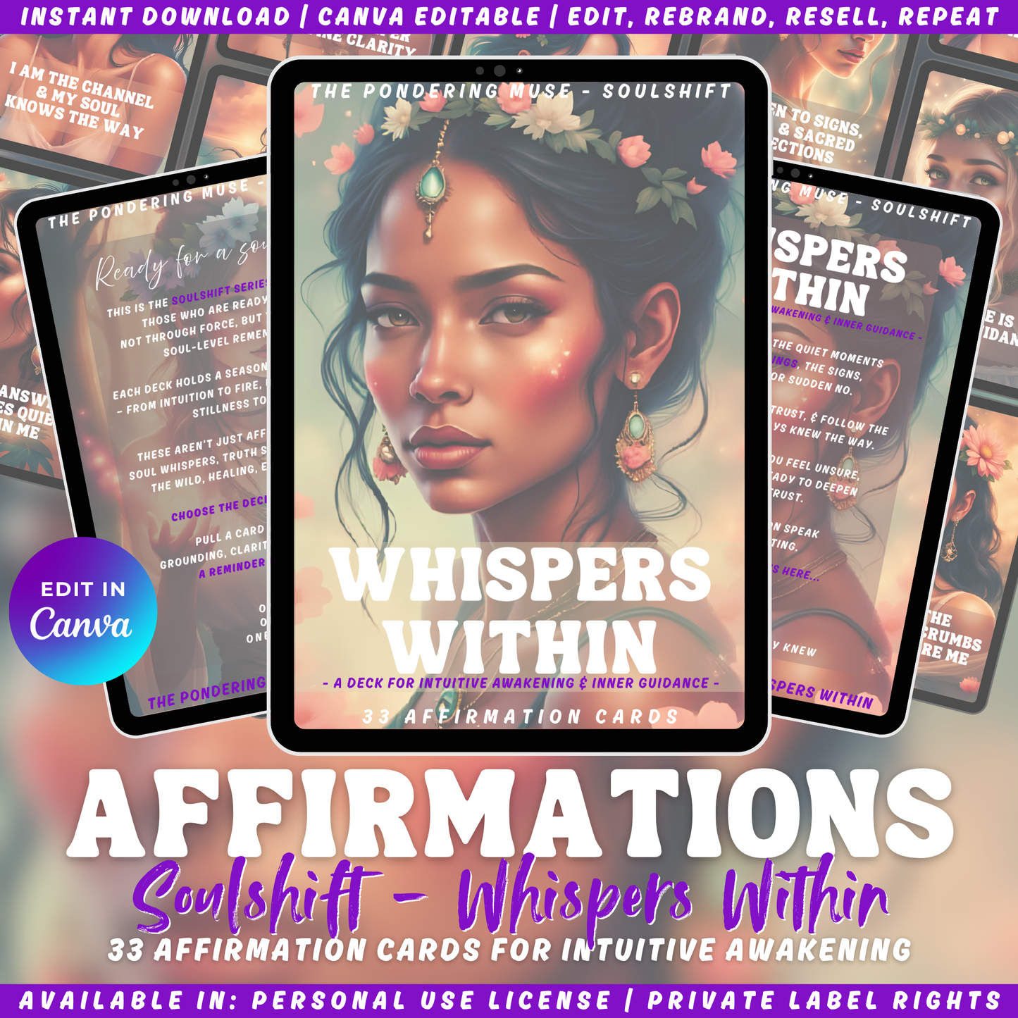 Promotional graphic of the affirmation card deck "Whispers within" of the collection "Soulshift". Available in personal use license and private label rights.