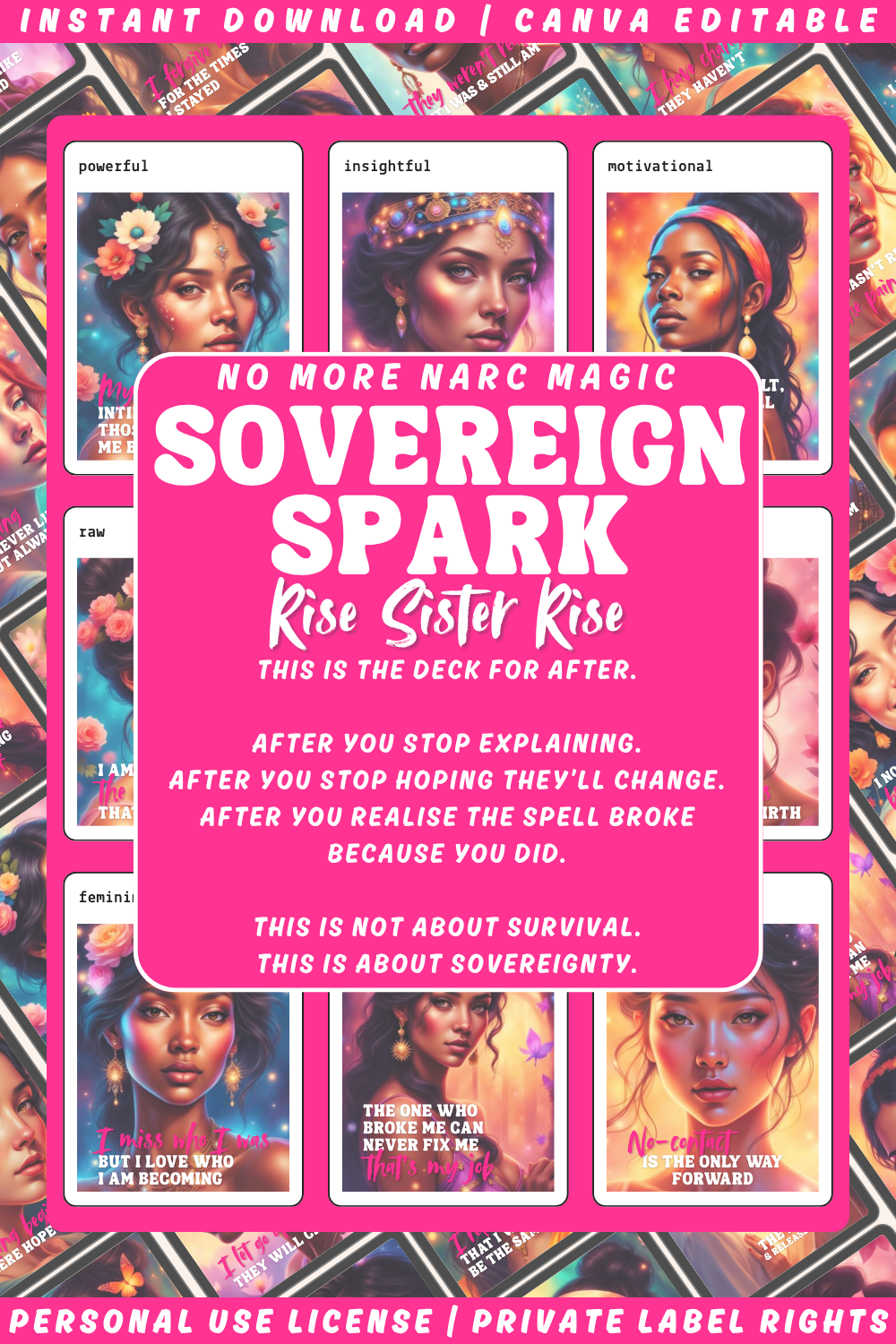 Promotional graphic of the affirmation card deck "Sovereign Spark - rise sister rise" of the collection "No more narc magic" about narcissistic abuse recovery. Available in personal use license and private label rights. Collage of previews of the affirmation cards. 