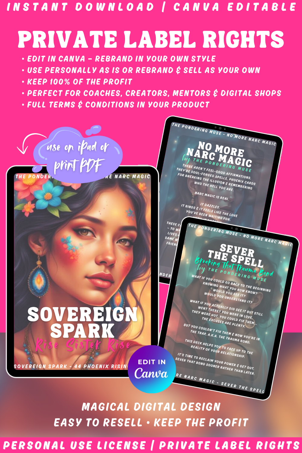 Promotional graphic of the affirmation card deck "Sovereign Spark - rise sister rise" of the collection "No more narc magic" about narcissistic abuse recovery. Available in personal use license and private label rights. Explaining private label rights.