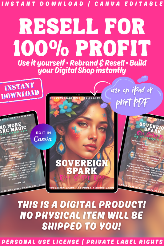 Promotional graphic of the affirmation card deck "Sovereign Spark - rise sister rise" of the collection "No more narc magic" about narcissistic abuse recovery. Available in personal use license and private label rights. Resell and keep 100% profit.