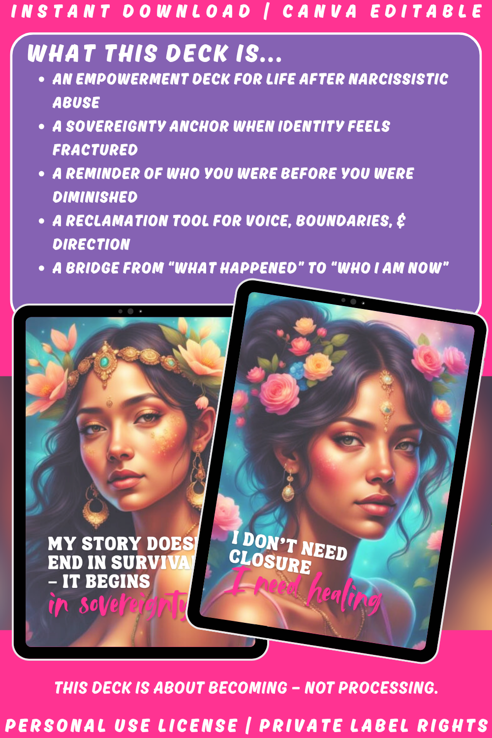 Promotional graphic of the affirmation card deck "Sovereign Spark - rise sister rise" of the collection "No more narc magic" about narcissistic abuse recovery. Available in personal use license and private label rights. Image explaining what this deck is.