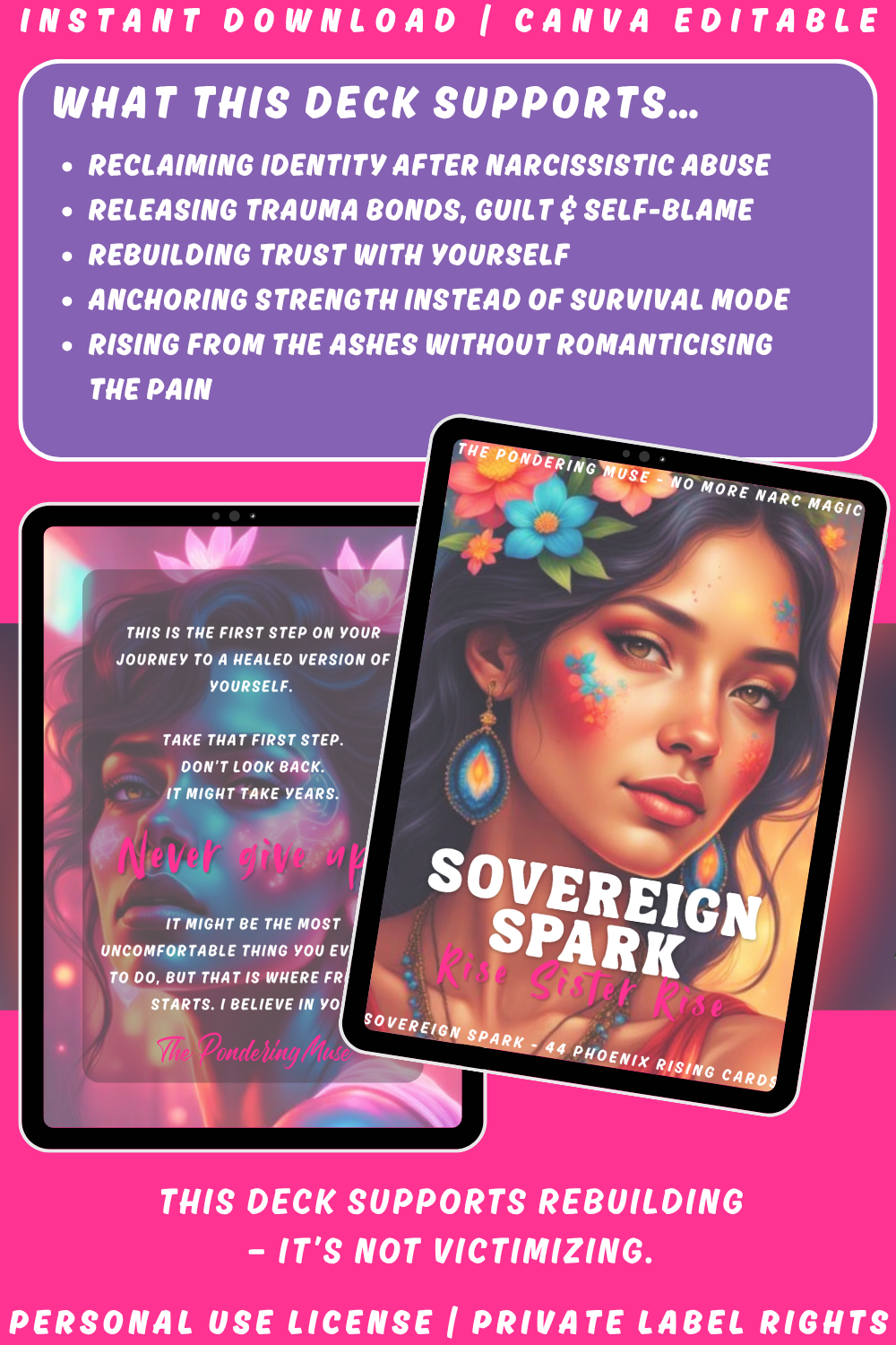 Promotional graphic of the affirmation card deck "Sovereign Spark - rise sister rise" of the collection "No more narc magic" about narcissistic abuse recovery. Available in personal use license and private label rights. Image explaining what the deck supports: releasing trauma bonds and rebuilding trust with yourself. 