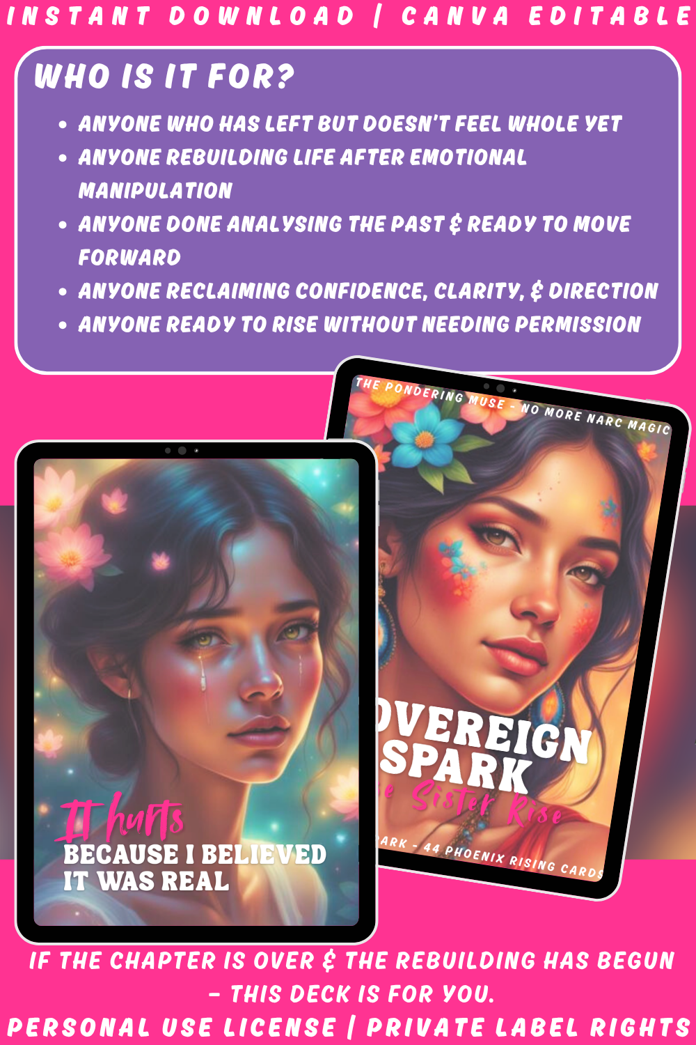 Promotional graphic of the affirmation card deck "Sovereign Spark - rise sister rise" of the collection "No more narc magic" about narcissistic abuse recovery. Available in personal use license and private label rights. Image explaining who the deck is for. Anyone rebuilding life after emotional manipulation.