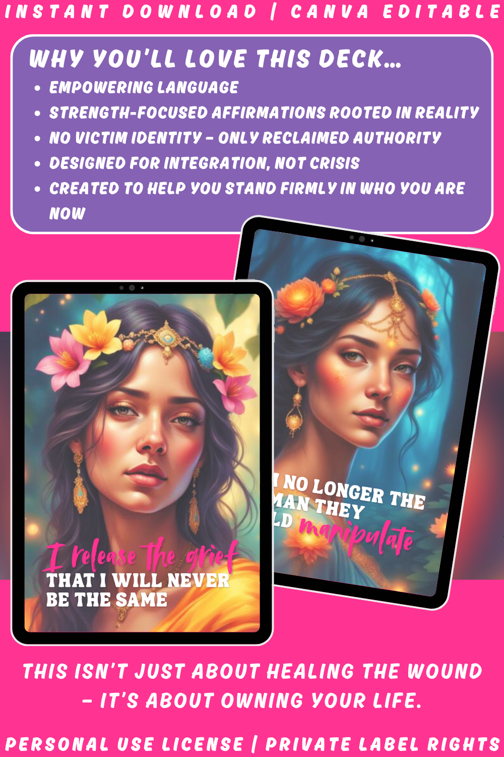 Promotional graphic of the affirmation card deck "Sovereign Spark - rise sister rise" of the collection "No more narc magic" about narcissistic abuse recovery. Available in personal use license and private label rights. Image explaining why you'll love the deck. It is empowering and designed for integration,