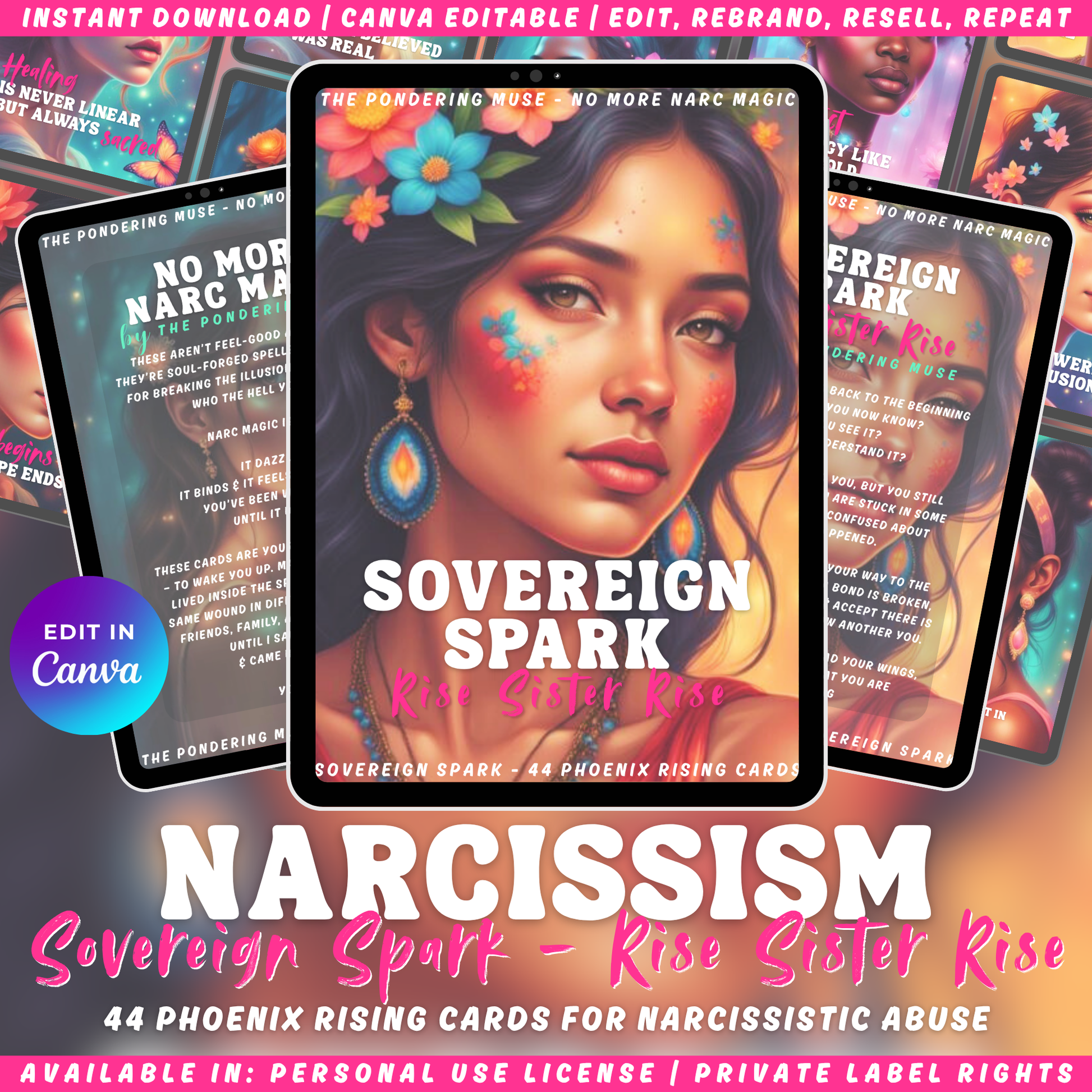 Promotional graphic of the affirmation card deck "Sovereign Spark - rise sister rise" of the collection "No more narc magic" about narcissistic abuse recovery. Available in personal use license and private label rights.