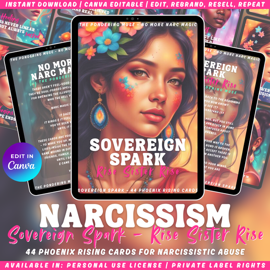Promotional graphic of the affirmation card deck "Sovereign Spark - rise sister rise" of the collection "No more narc magic" about narcissistic abuse recovery. Available in personal use license and private label rights.