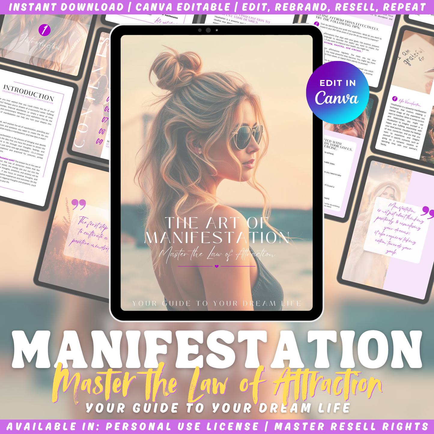 Manifestation guidebook cover - "The Art of Manifestation - Master the law of attraction - Your guide to your dream life"